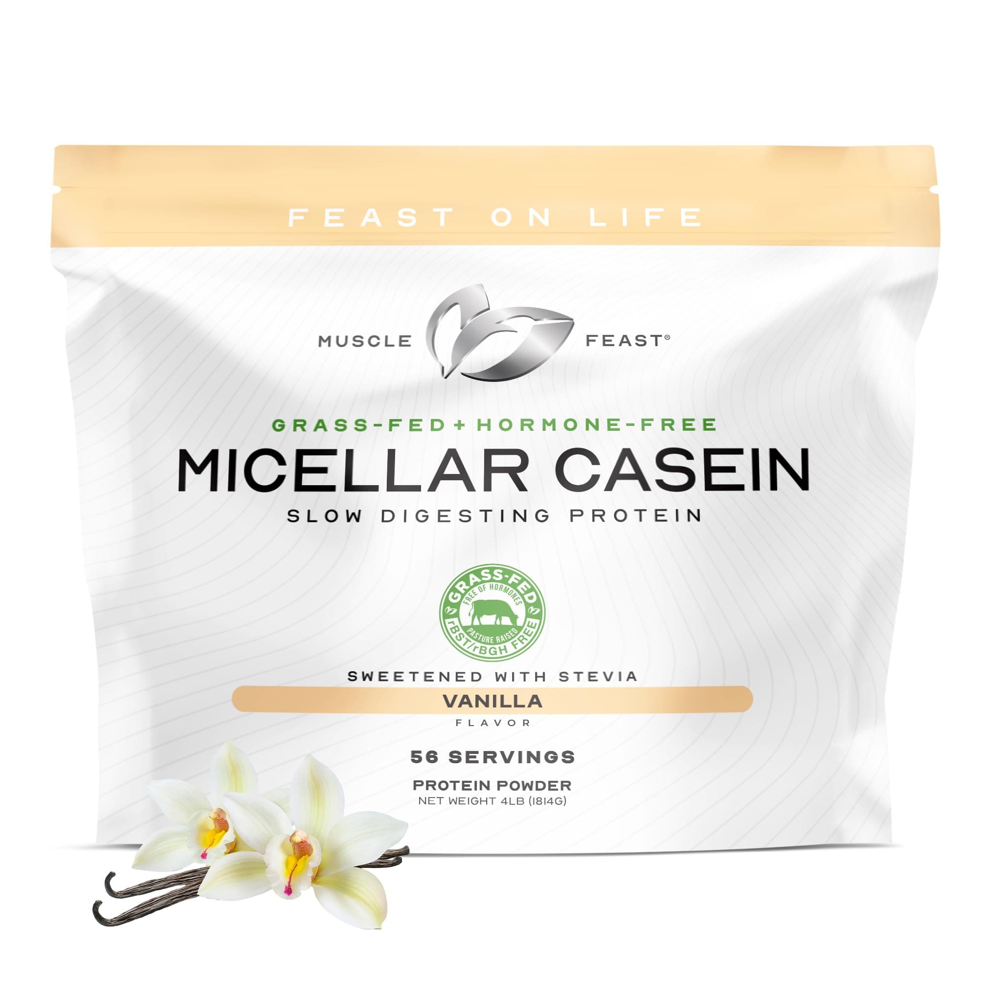 Muscle Feast Grass Fed Micellar Casein Protein Powder, Pasture Raised & Hormone Free, Slow Digesting Casein Protein - Supports Overnight Muscle Recovery, Gluten Free Protein Powder - Vanilla, 4lb