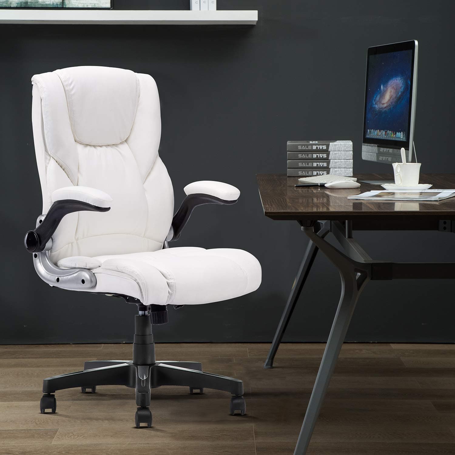 YAMASORO Ergonomic Executive Office Chair White, High Back Leather Computer Chair,Office Desk Chair with arms and Wheels, Swivel