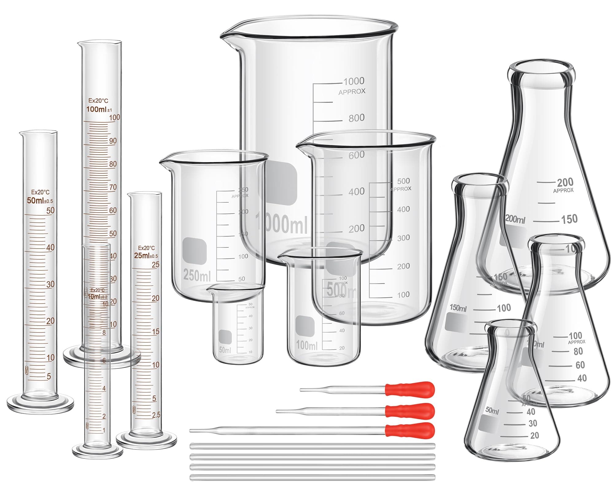 Frienda 50/100/250/500/1000ml Lab Glassware Include Graduated Cylinder, Glass Beaker Set, Glass Dropper, Stirring Rod, Measuring Cups for Laboratory Science Chemistry Supplies (20 Pcs)