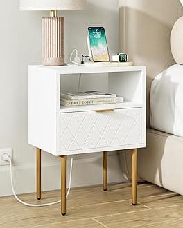 Nightstand,Small Bedside Table with Gold Frame,White Night Stand,Bedside Furniture,Side Table with Drawer and Shelf for Bedroom,Living Room (1Drawer-Pattern, White-Outlet)