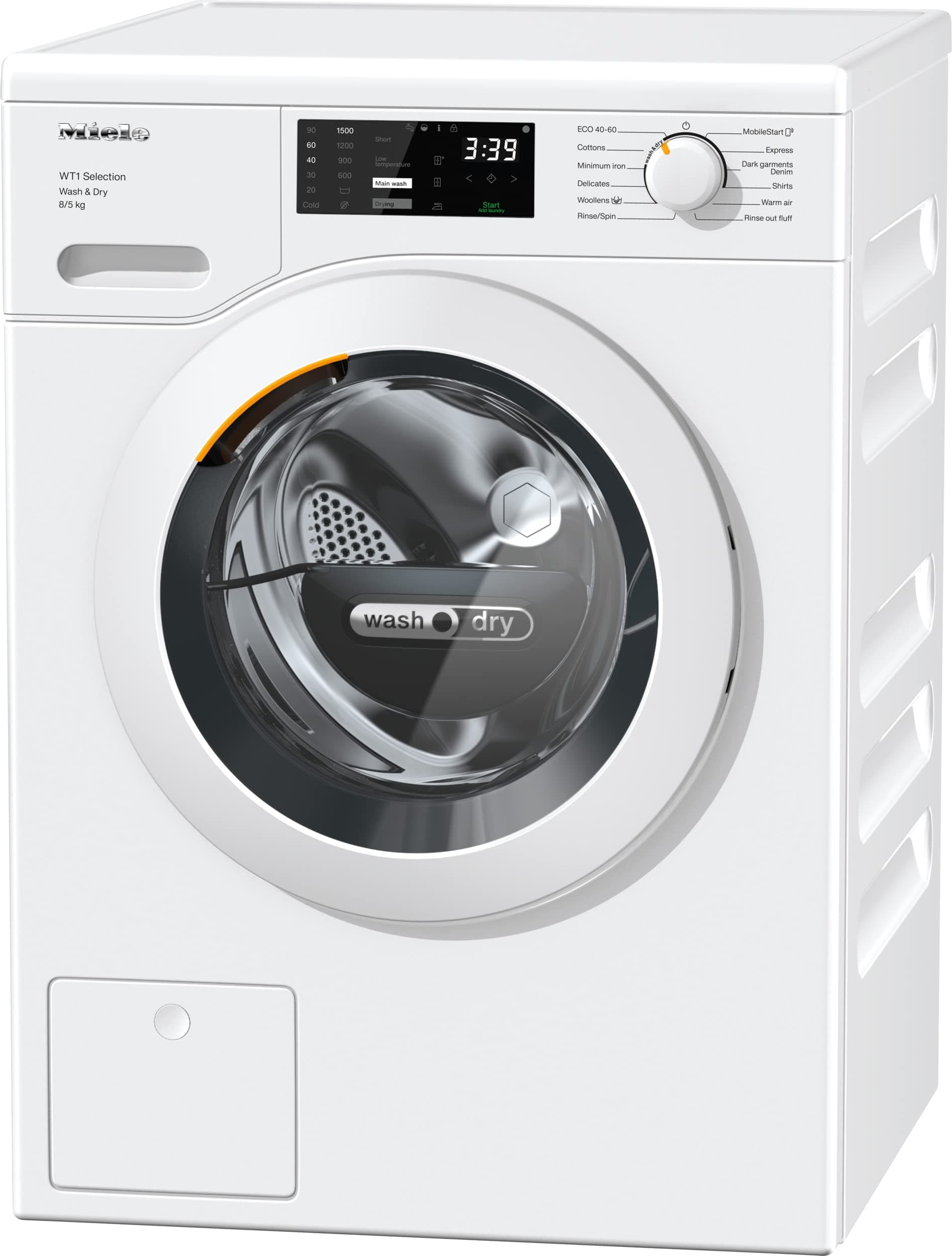 Miele WTD163 8 Kilogram Washer Dryer - Freestanding, Front-Loading Washer Dryer Combo with 1500 rpm Spin, PerfectCare Technology and CapDosing, D Rated Energy Efficiency, in Lotus White