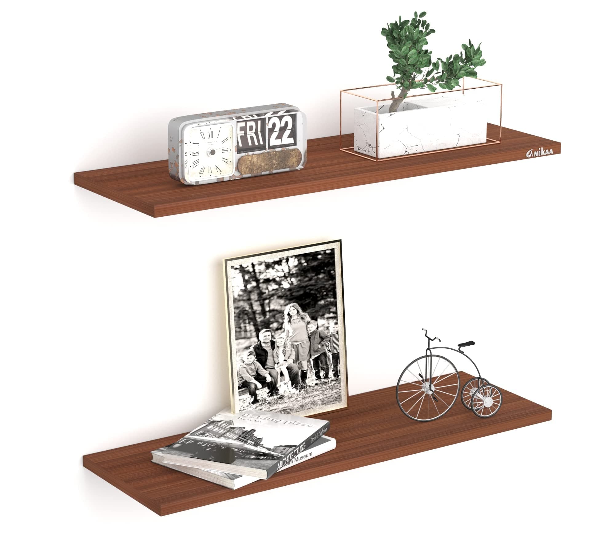 Anikaa Feu Engineered Wood Wall Decor Floating Shelf/Engineered Wood Shelves/Storage Display Rack Wall Shelf for Living Room Bedroom Office (Walnut) Set of 2 [LxBxH(CM): 65x23x1.7]