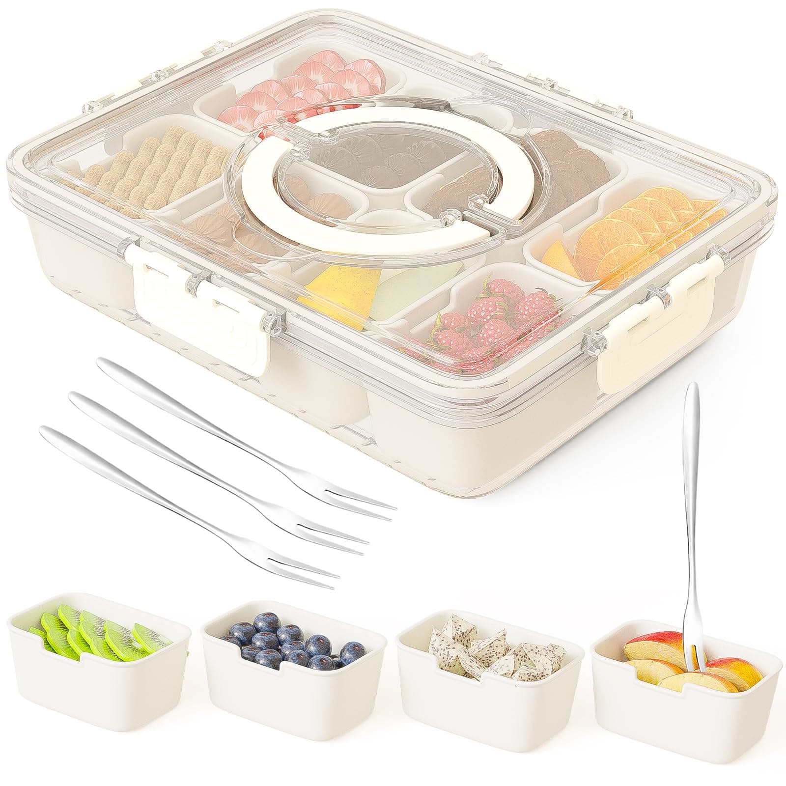 Snackle Box Container,Portable Snack Box 8 Compartment Divided Serving Tray with Lid,Clear Storage Organizer for Fruit Candy Nuts Veggie-Perfect for Road Travel Party (1 Pack-Dishwasher Safe)