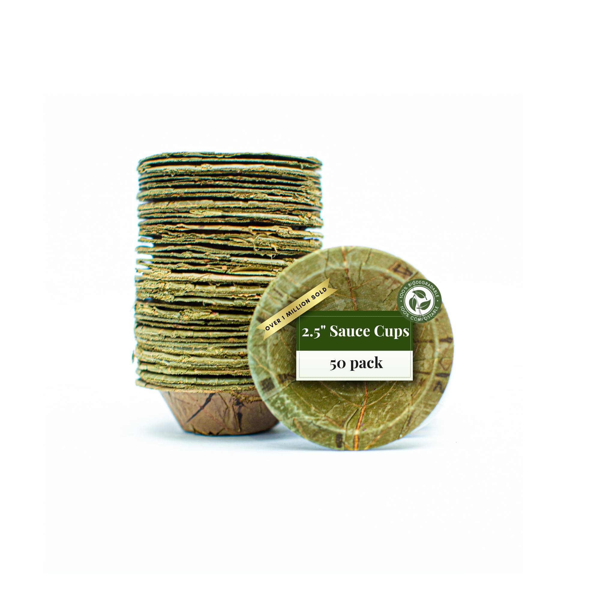 TAPARI Disposable Sauce Ramekins - 50 Pack Mini Sauce Pots - 2.5 Inch - Sturdy, Eco-Friendly - Home Compostable & Biodegradable Souffle cups for Parties & Containers for Dips - Sal Leaf - 1 Fl Oz