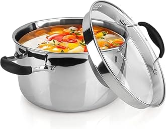 AVACRAFT Tri-Ply Stainless Steel Stockpot with Glass Strainer Lid, Side Spouts, 6 Quart Pot, Multipurpose Stock Pot, Sauce Pot (Tri-Ply Full Body, 6QT)