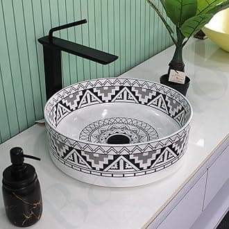 BASSINO Art Ceramic Wash Basin for Bathroom, Living Room, Hall, Dinning Room/Decorative Tabletop Sink for Kitchen/Countertop Vessel Sink for Hotels-White Black,(15x15x5 Inch)