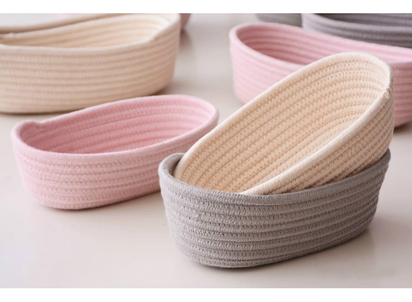 Cotton Rope Storage Baskets, Multifunction Table Organise, Nursery Bins,Closet Organization, Toy Storage,Laundry Hamper, SET of 3, Soft Durable-Ellipse by Wisdom Forest(Pink)