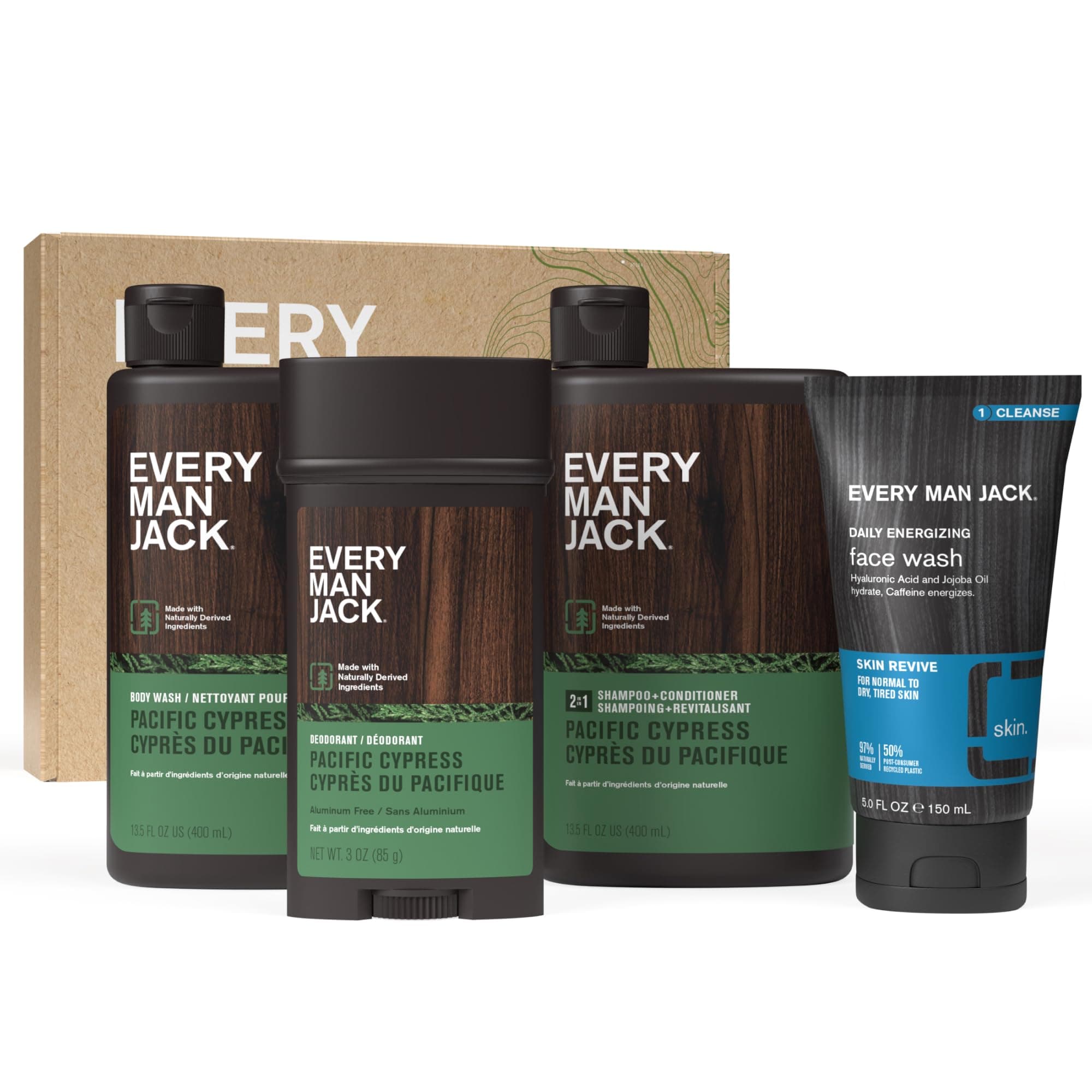Every Man Jack Men’s Pacific Cypress Bath and Body Gift Set - Clean Ingredients & A Conifer Branches, Sea Salt, and Citrus Scent - Body Wash, 2-in-1 Shampoo, Deodorant & Face Wash
