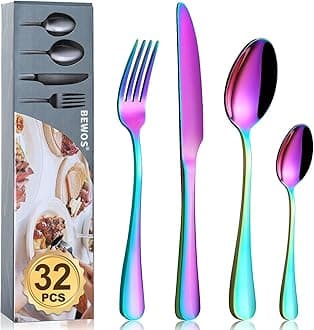 BEWOS Cutlery Set, 32-Piece Stainless Steel Flatware Set, Tableware Silverware Set with Rainbow Spoon Knife and Fork Set, Service for 8, Dishwasher Safe/Easy Clean, Mirror Polished