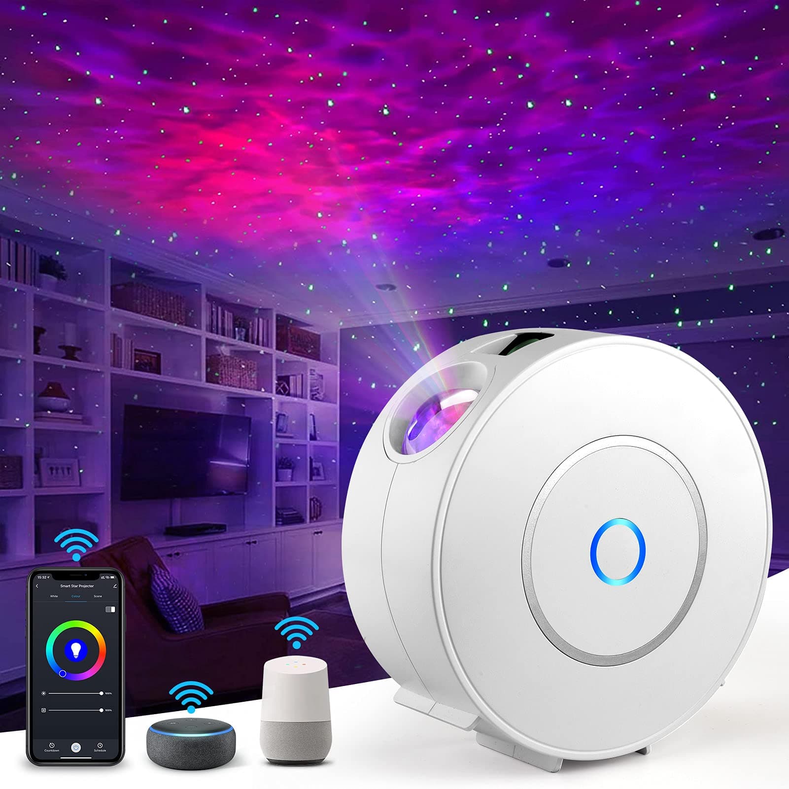 Galaxy Star Projector, Smart WiFi App/Voice Control, 3D LED Galaxy Projector Night Light with Nebula, Compatible with Google Assistant, RGB Dimmable, Timing, for Kids Bedroom Party Decor