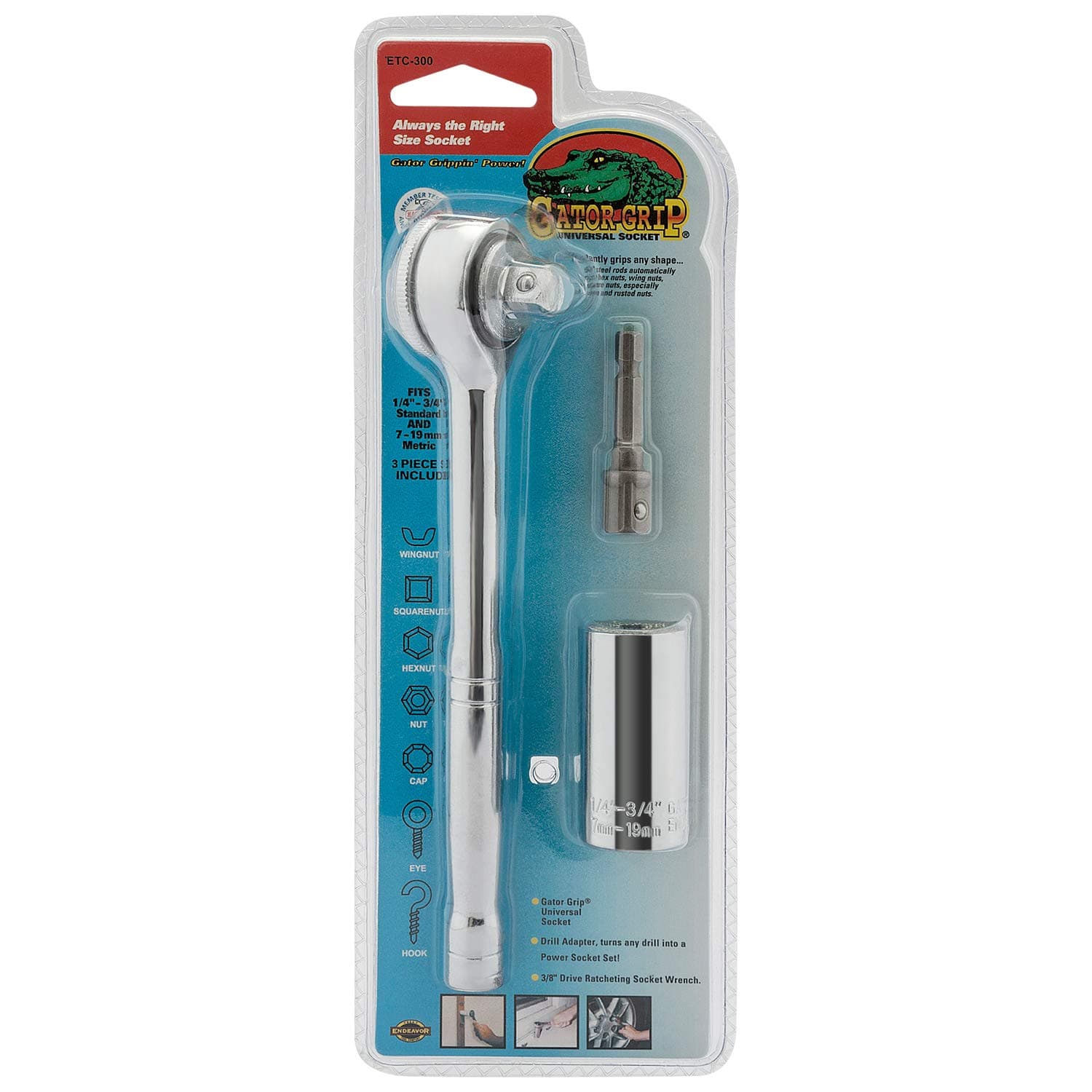 200MO Gator Grip the Original Universal Socket 3PC Kit. Made in the USA. Self-Adjusts for shape and size as well as Standard and Metric application