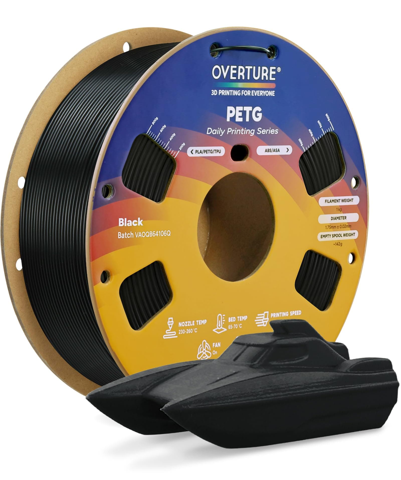 OVERTURE PETG 3D Printer Filament 1.75mm, Neatly Wound Durable PETG, 1kg Spool (2.2 lbs), Strong Toughness Filament, Accuracy +/- 0.02mm, Fit Most FDM Printers (Black)