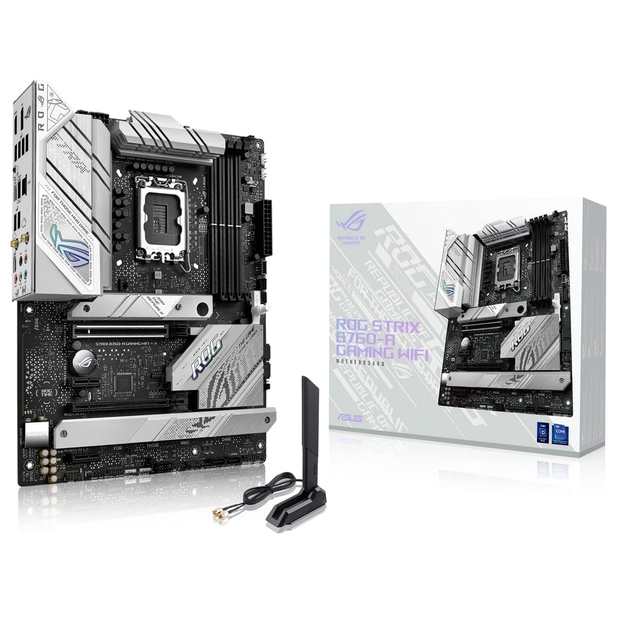 ROG STRIX B760-A GAMING WIFI Intel B760 LGA 1700 white ATX motherboard with 12 + 1 power stages, DDR5, PCIe 5.0 x16 SafeSlot, 3x PCIe 4.0 M.2 slots, WiFi 6E, USB 3.2 Gen 2x2 Type-C, and Aura Sync