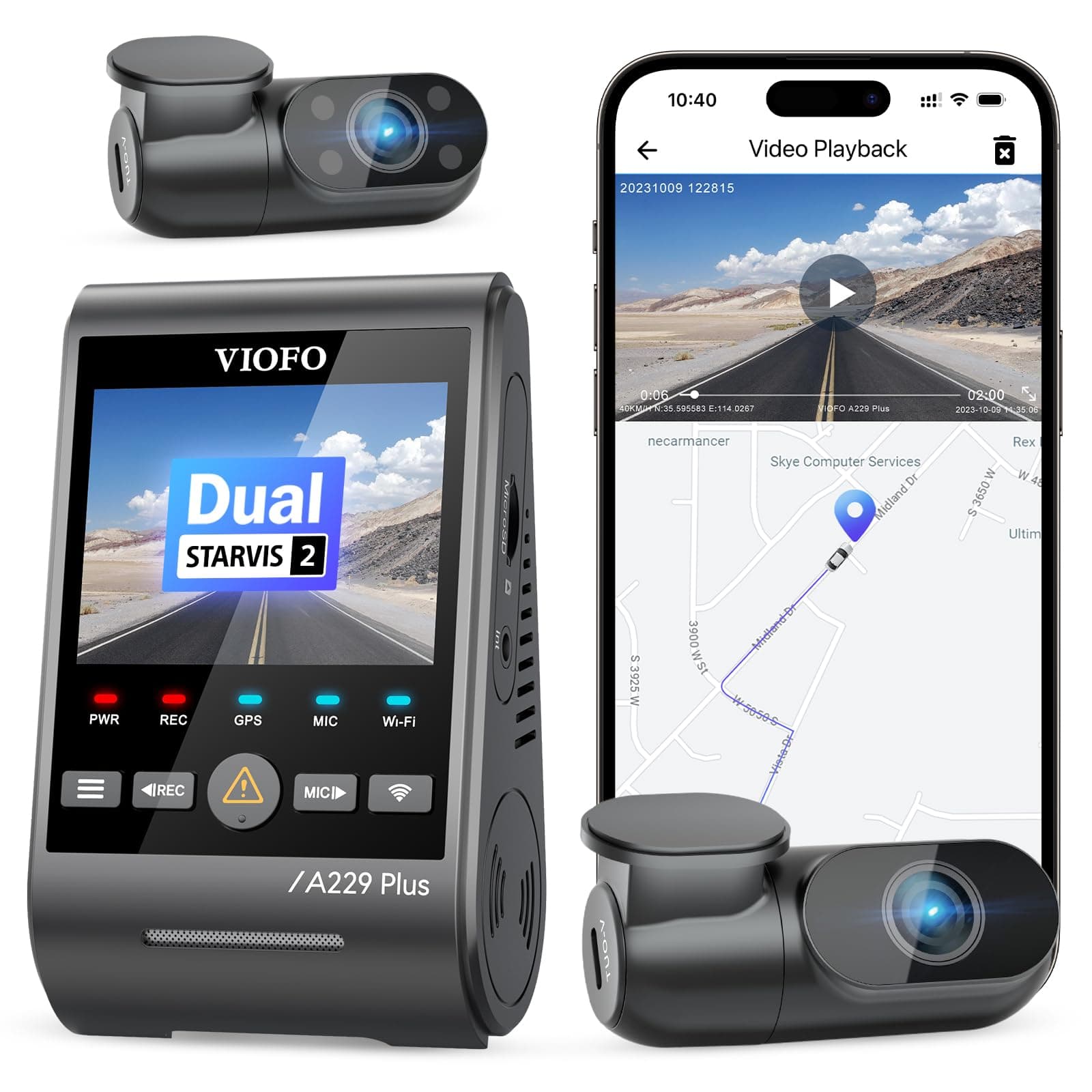 – A229 Plus 3 Channel Dash Cam, Dual STARVIS 2 Sensors, 3-Channel HDR, 1440P+1440P+1080P Front Inside and Rear Car Camera, 5GHz Wi-Fi, Voice Control, Ultra-Precise GPS, 24 Hours Parking Mode