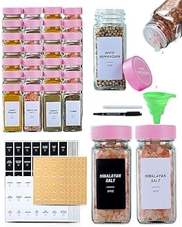 48 Glass storage jars，Glass Spice Jars with Label-4oz Spice Containers with Lids and Shaker Lids,3 Sets of Spice Labels 1 Collapsible Funnel 2 Erasable Markers for Spice Rack, (48)