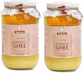Indicow Organic Dairy A2 Cow Ghee | (2 Packs Of 1 Litre) | Bilona Ghee | Grass Fed Desi Cows | Kankrej Cows | 100% Pure And Chemical Free | Bilona Curd-Churned, Cruelty-Free, Ayurvedic