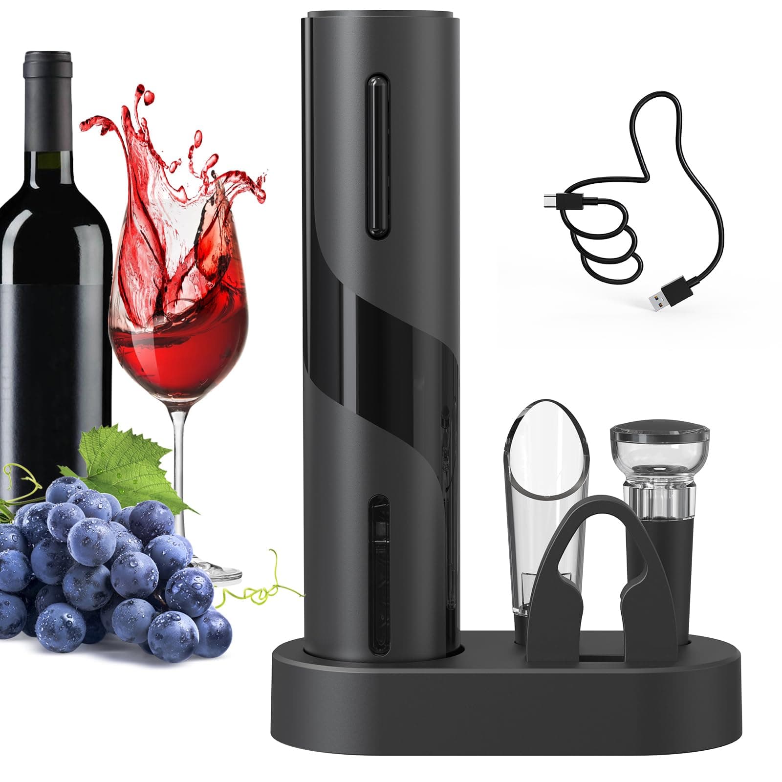 CIRCLE JOY Electric Wine Bottle Opener Set Rechargeable Wine Corkscrew Cordless Wine Opener Gift Set with Charging Base, Foil Cutter, Wine Aerator Pourer and Vacuum Wine Stopper, Black