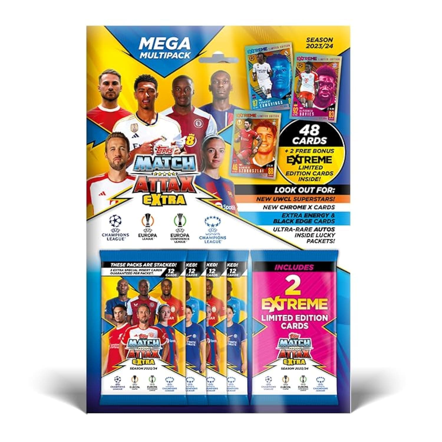 Topps Match Attax Extra 2024 - Mega Multipack - 48 Cards Match Attax (4 Paquetes) with 2 Cards Random Extreme de Edición Limitada!,(FS0004593-DE)