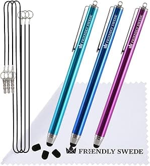 Stylus Pen for Touchscreen — 3-Pack 5.5" High Precision Stylus Pen with Replaceable Thin Tips, Elastic Lanyards & Screen Cleaning Cloth - Aqua Blue/Dark Blue/Purple