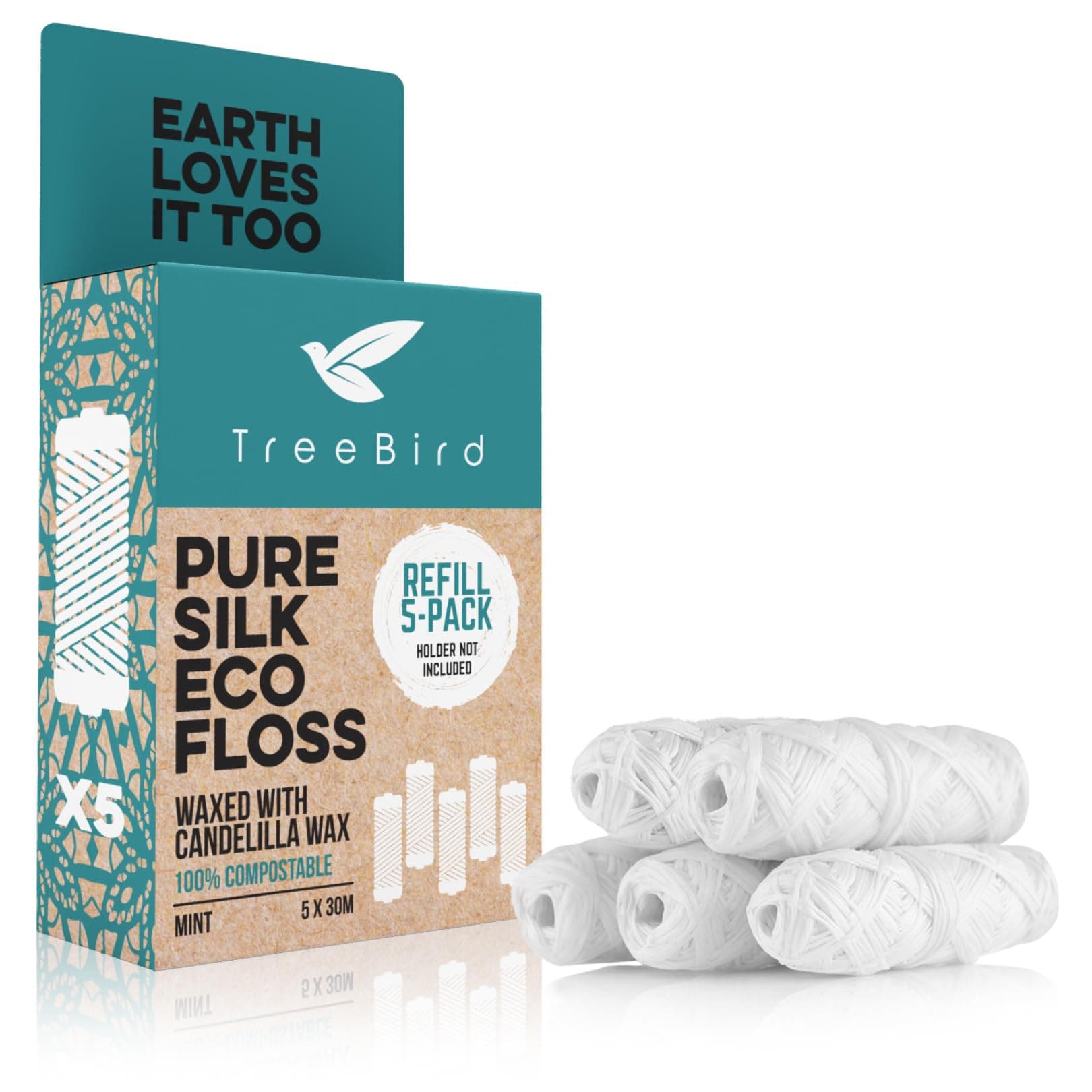 Compostable Dental Floss Refills | Pack of 5 x 33yds Organic Peace Silk Spools | For a Refillable Glass & Stainless Steel Holder | Waxed With Natural Candelilla Wax | Flavored With Mint Essential Oils