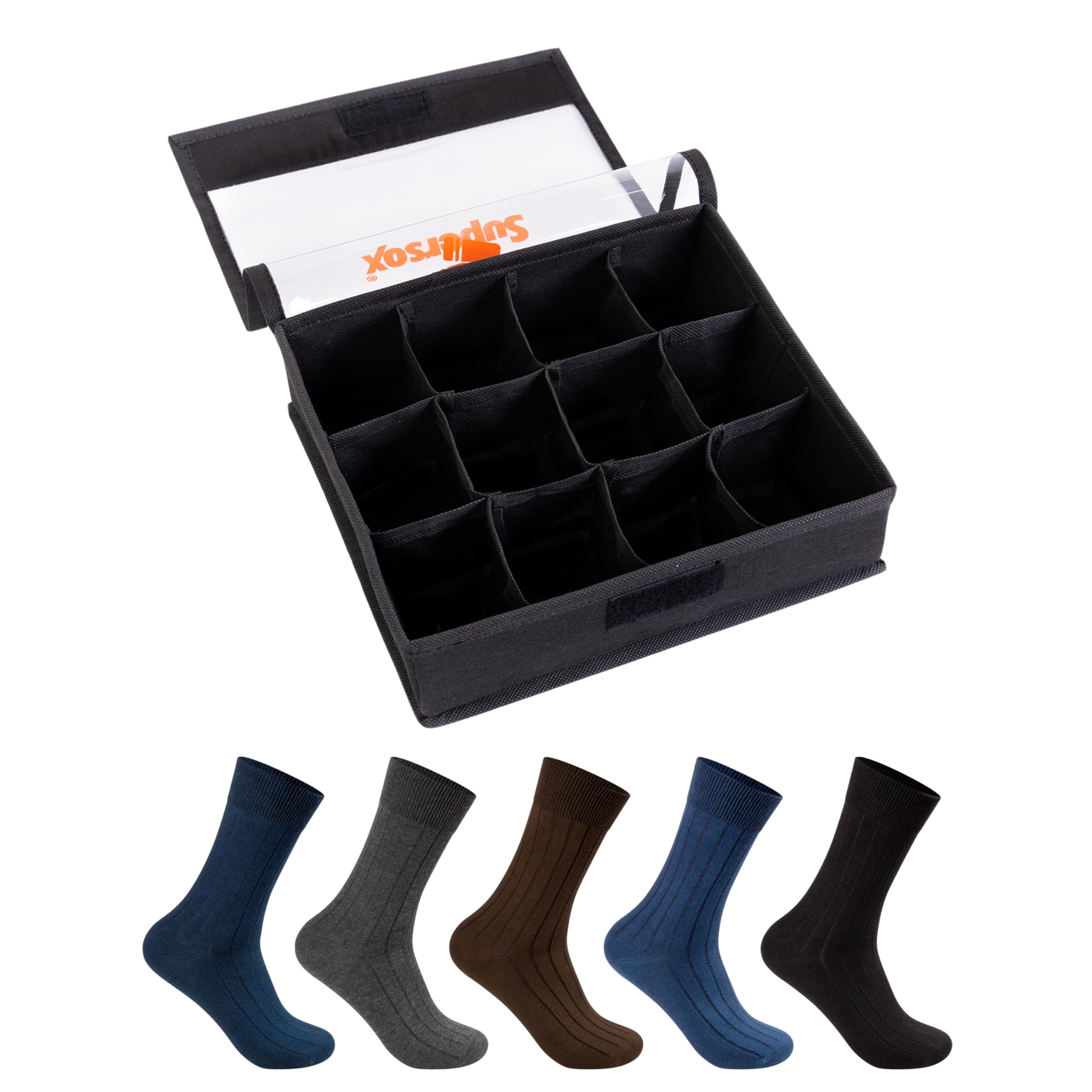 Formal/Office Crew Socks for Men Made With Premium Cotton with Ribbed Pattern. Reinforced Heel & Toe for Durability. Ideal for Regular (Sock Organizer with 6 Pairs Socks), Multicolour