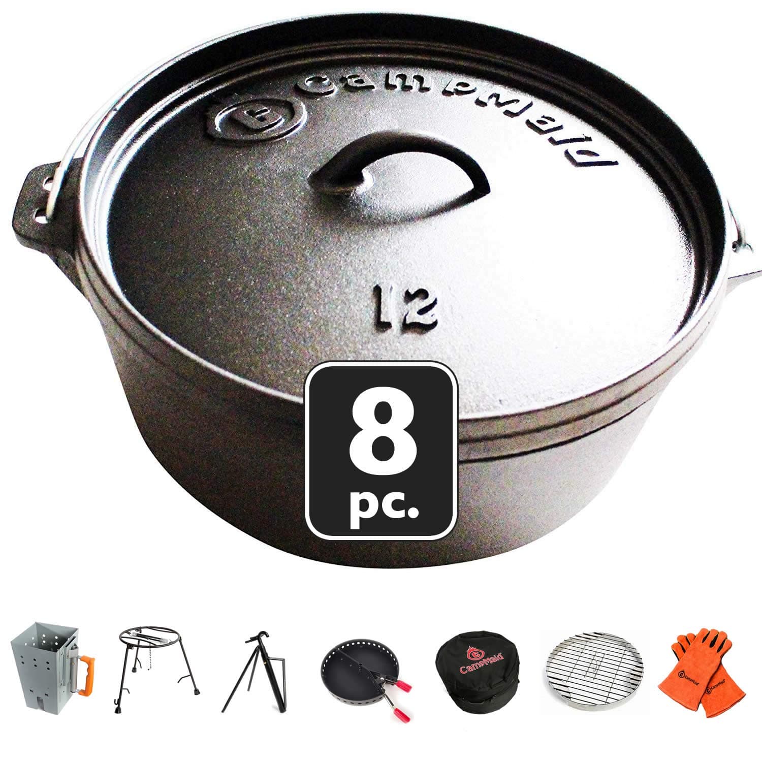 CampMaid Dutch Oven 8-Piece Complete Set with Accessories – 12" Cast Iron Dutch Oven – Charcoal Chimney, Lid Lifter, Mega Carry Bag, Trivet, Grill, Kickstand, Charcoal Holder – Award Winning Tools