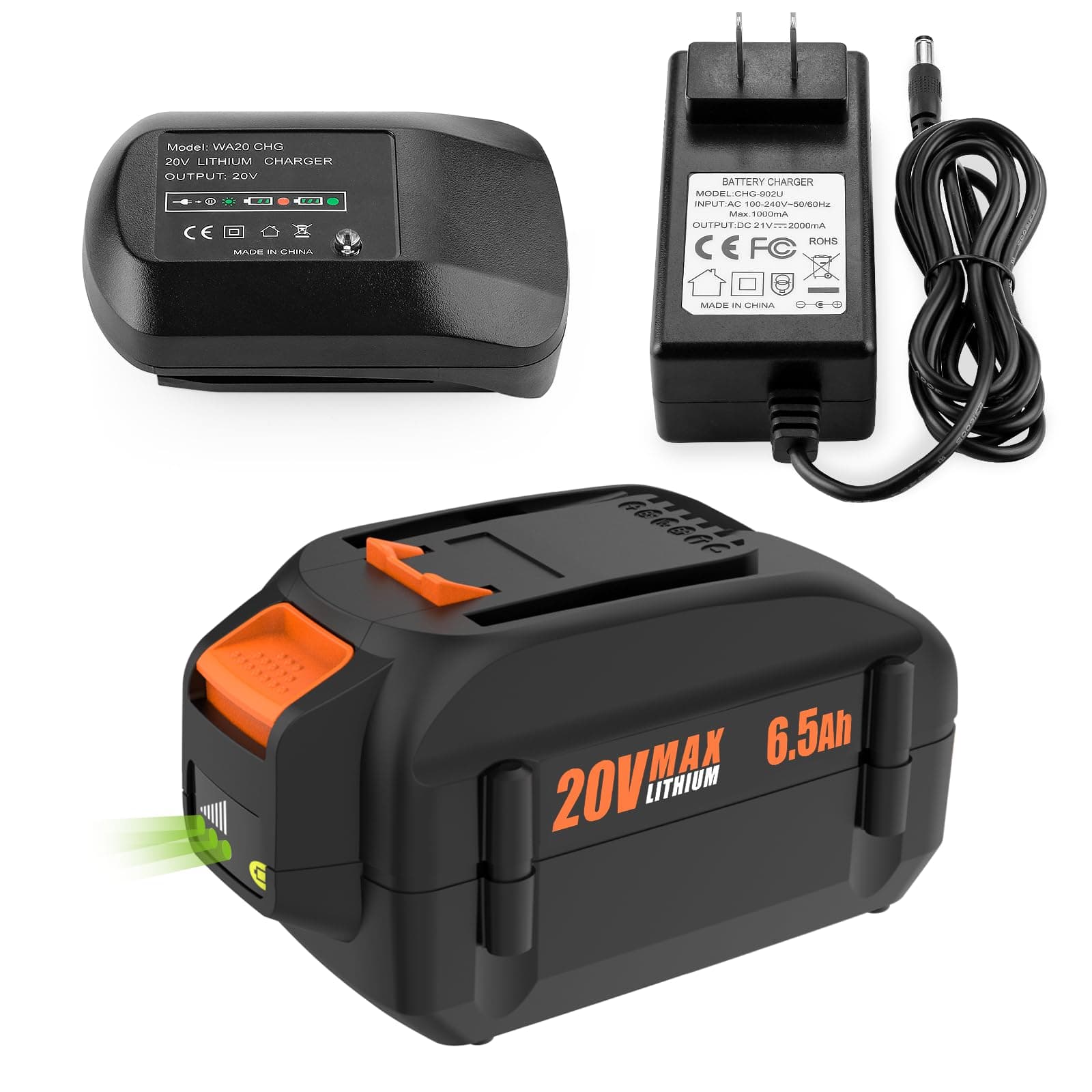 20V 6.5Ah Replacement Wor 20V Battery and Charger Starter Kit, for WA3525 WA3520 WA3575 WA3578 20V PowerShare Battery, for 40V (2X20V) Tool + WA3742 Wor 20V Charger