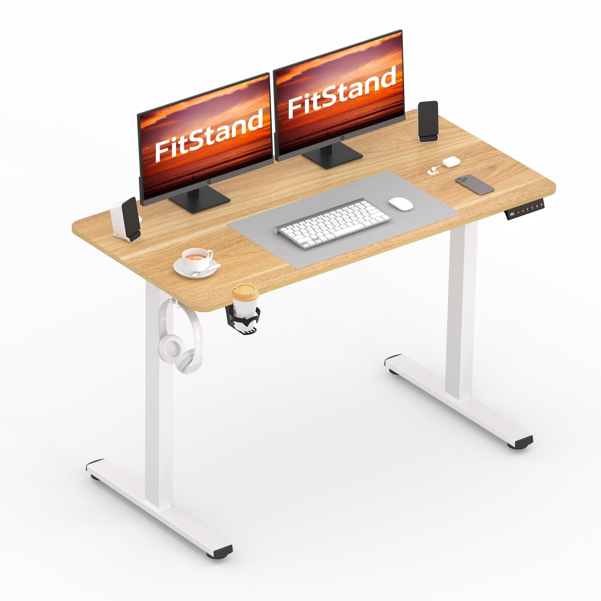 110x54cm Electric Standing Desk ONE PIECE Desktop Sit Stand Table Height Adjustable Desk Computer Desk PC Desk With Hooks and Memory Smart Pannel Suitable For Office And Home - Maple