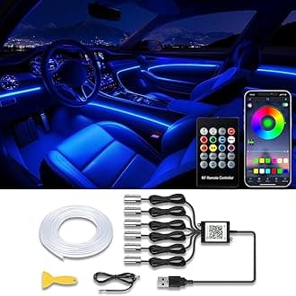 Car LED Strip Lights, USB Interior Ambient Lighting Kits with Wireless APP and RF Remote Control, 16 Million Colors Music Mode Car Decoration Lights with 315 inches 3.0mm Fiber Optic (6 in 1)