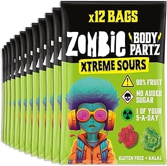 Zombie No Added Sugar Sweets, Xtreme Sour Fruit Gummies (12 Bags), 90% Fruit, Vegan, Healthy Snacks for Adults, Kids, Low Calorie, Gluten Free, Halal, Bulk, Jelly, Tub, Vegetarian, Party Bags, Gummy