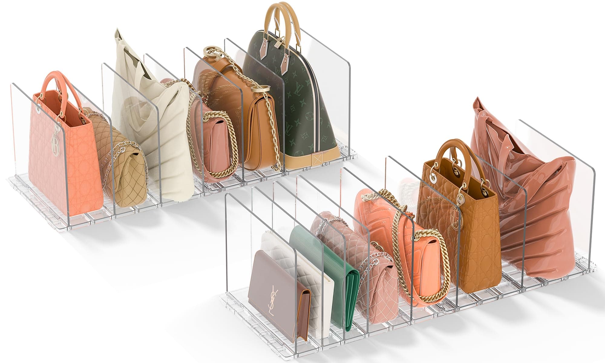 Bag & Purse Organizer for Closet: 4 Sets Adjustable Clear Handbag Storage Shelf - Plastic Clutch Dividers | Minimal | Keep Purses upright