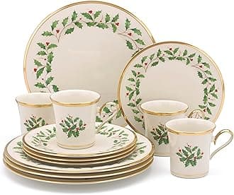 Lenox Dinnerware Set, Holiday 12-Piece Set, Service For 4, Porcelain Plate, Berry Motif With 24-Karat Gold Accents, Christmas Dinner Plates, Salad Plates And Mugs, Dishwasher Safe (Assorted, 12 Piece)