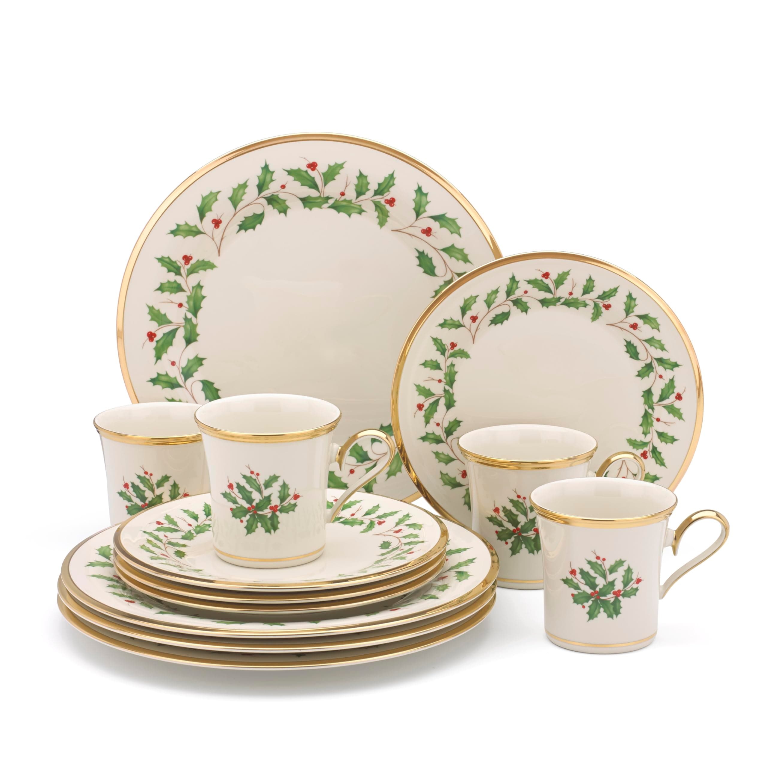 Lenox Dinnerware Set, Holiday 12-Piece Set, Service For 4, Porcelain Plate, Berry Motif With 24-Karat Gold Accents, Christmas Dinner Plates, Salad Plates And Mugs, Dishwasher Safe (Assorted, 12 Piece)