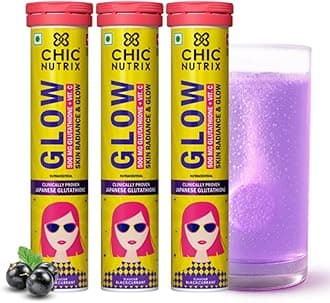 Chicnutrix Glow Glutathione Effervescent Tablets with Vitamin C |Japanese Glutathione 500mg For Radiant, Even-Toned and Glowing Skin | Sugar-Free| Blackcurrant Flavour | 20 Tablets (Pack of 3)