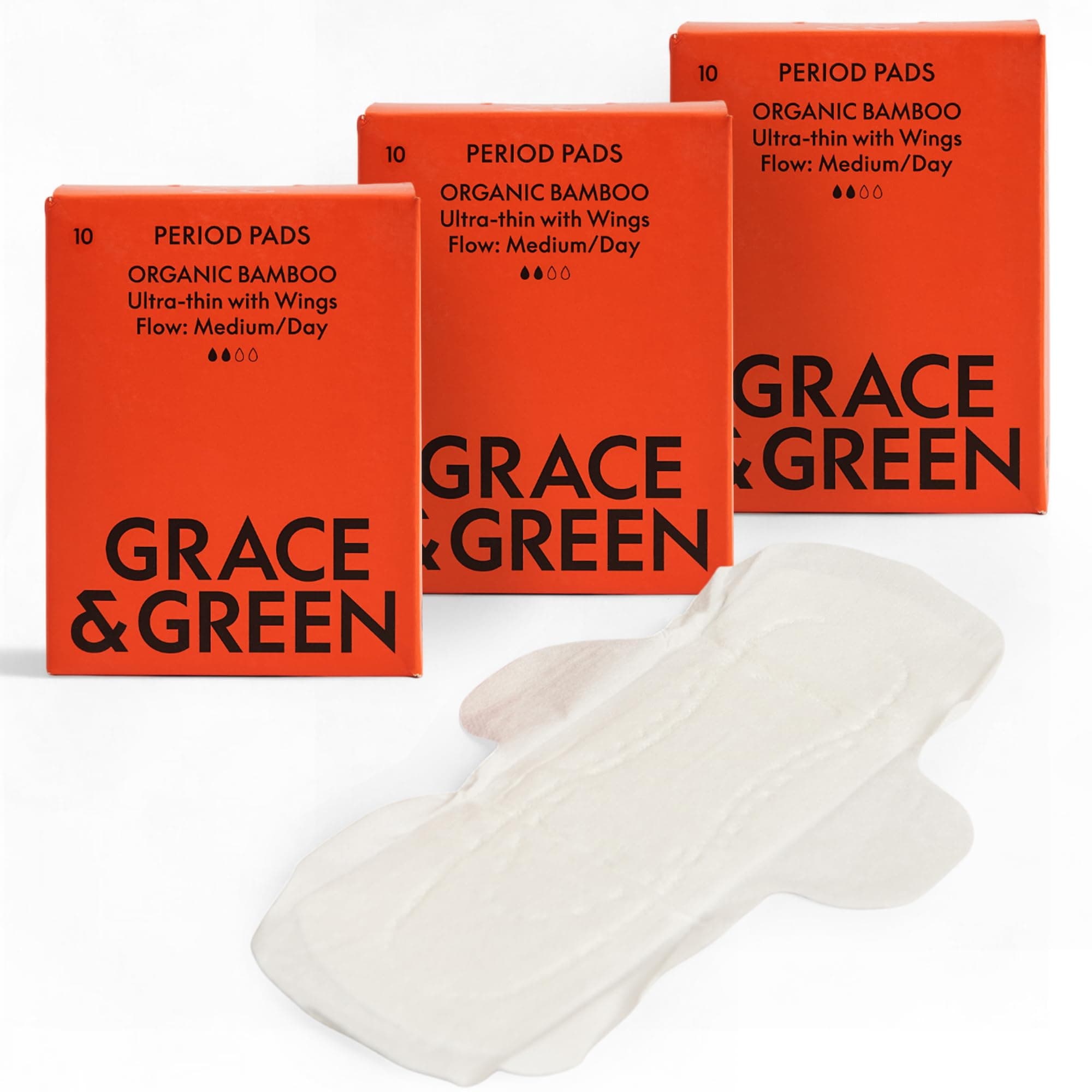Grace & Green 30 Daytime Organic Bamboo Pads - Medium Flow | Comfortable Secure Fit with Wings | Sustainable Pads & Biodegradable Packaging | Eco-Friendly Period Protection | B-Corp Certified