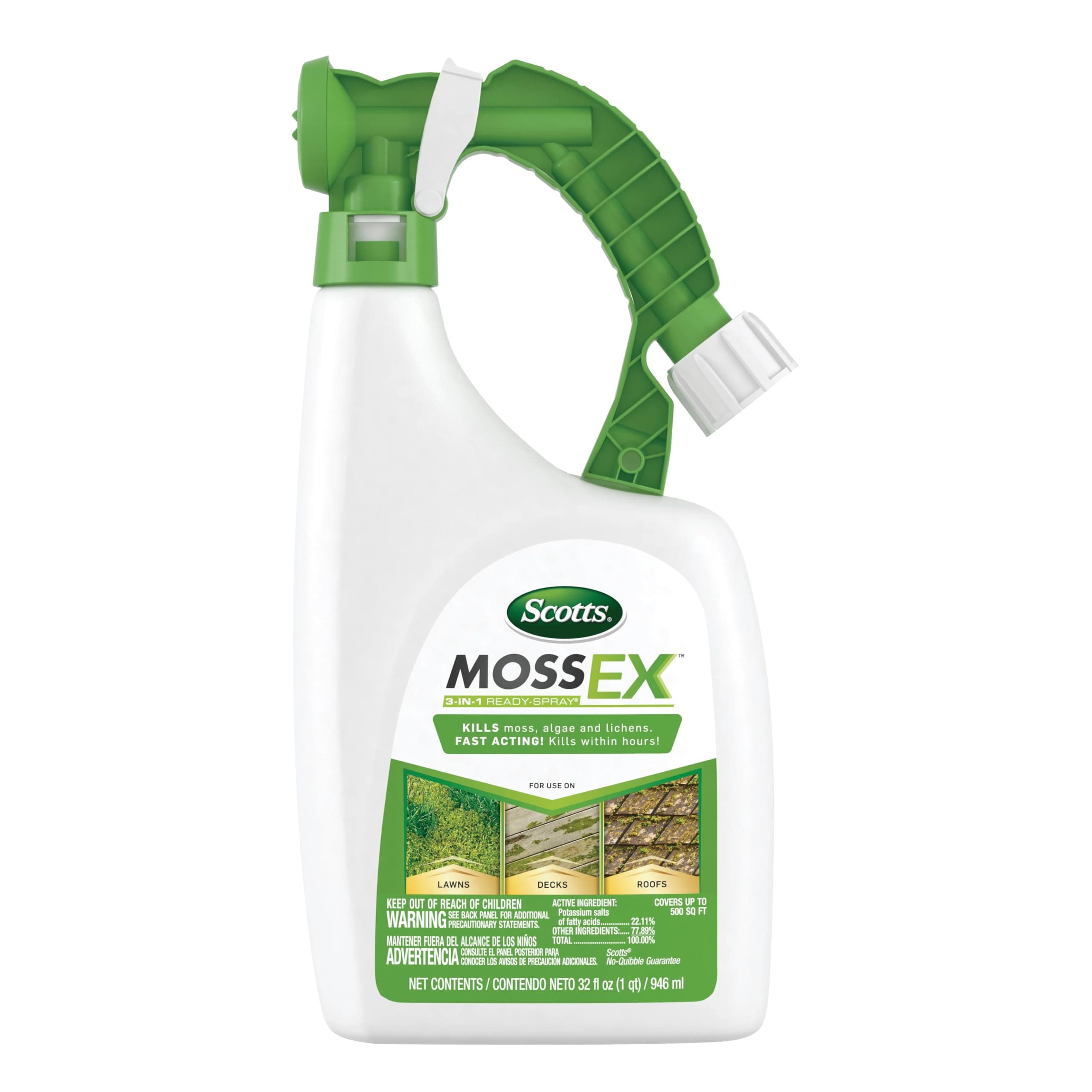 Scotts MossEx 3-in-1 Ready Spray - Hose-End Applicator, Kills Moss, Algae and Lichens, Fast Acting Moss Killer for Lawns, Roofs, Patios, 32 fl. oz.