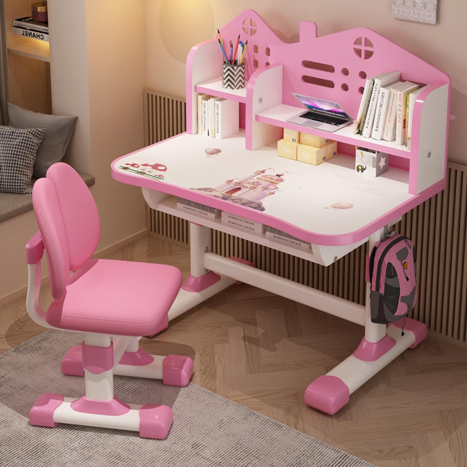 BENBOR Children Adjustable Desk and Chair Set, Study Table for Kids, kids writing desk, Pink Home School Writing Desk with Drawers and Storage Compartments, Reading/Learning/Writing for Girls (Pink)