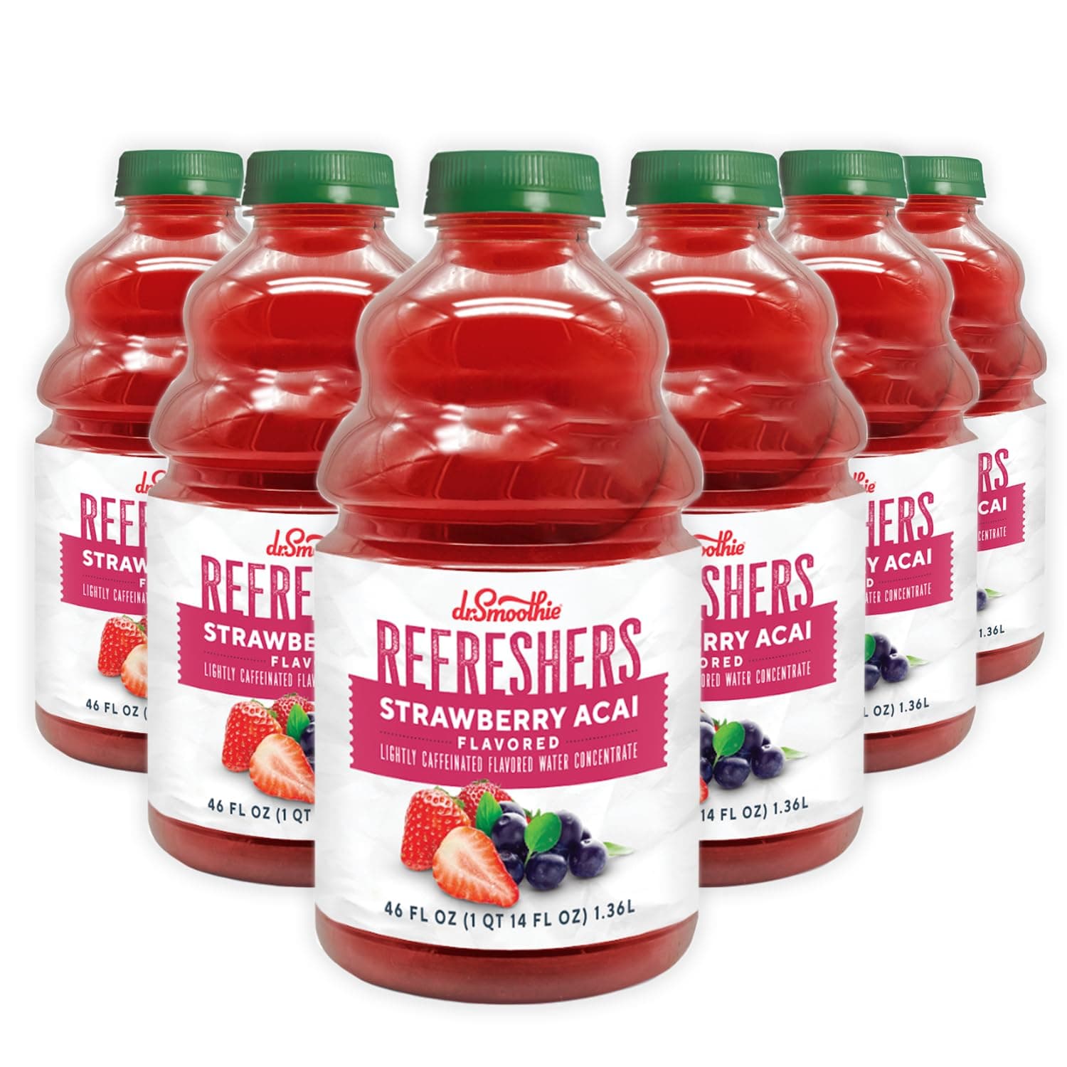 Dr. Smoothie Refreshers Strawberry Acai – Made with Real Fruit Juice – Drink Concentrate, No Artificial Colors, Shelf-Stable – Lightly Caffeinated with Green Coffee Extract (Six 46 oz Bottles)