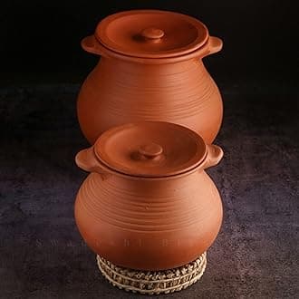 Swadeshi Blessings HandMade Exclusive Range Unglazed Clay HotCase/Earthen Pot for Cooking & Serving with Lid(Natural Firing Shade & Mirror Shine) + Free Palm Leaf Stand (Combo- 2&3 Liters)