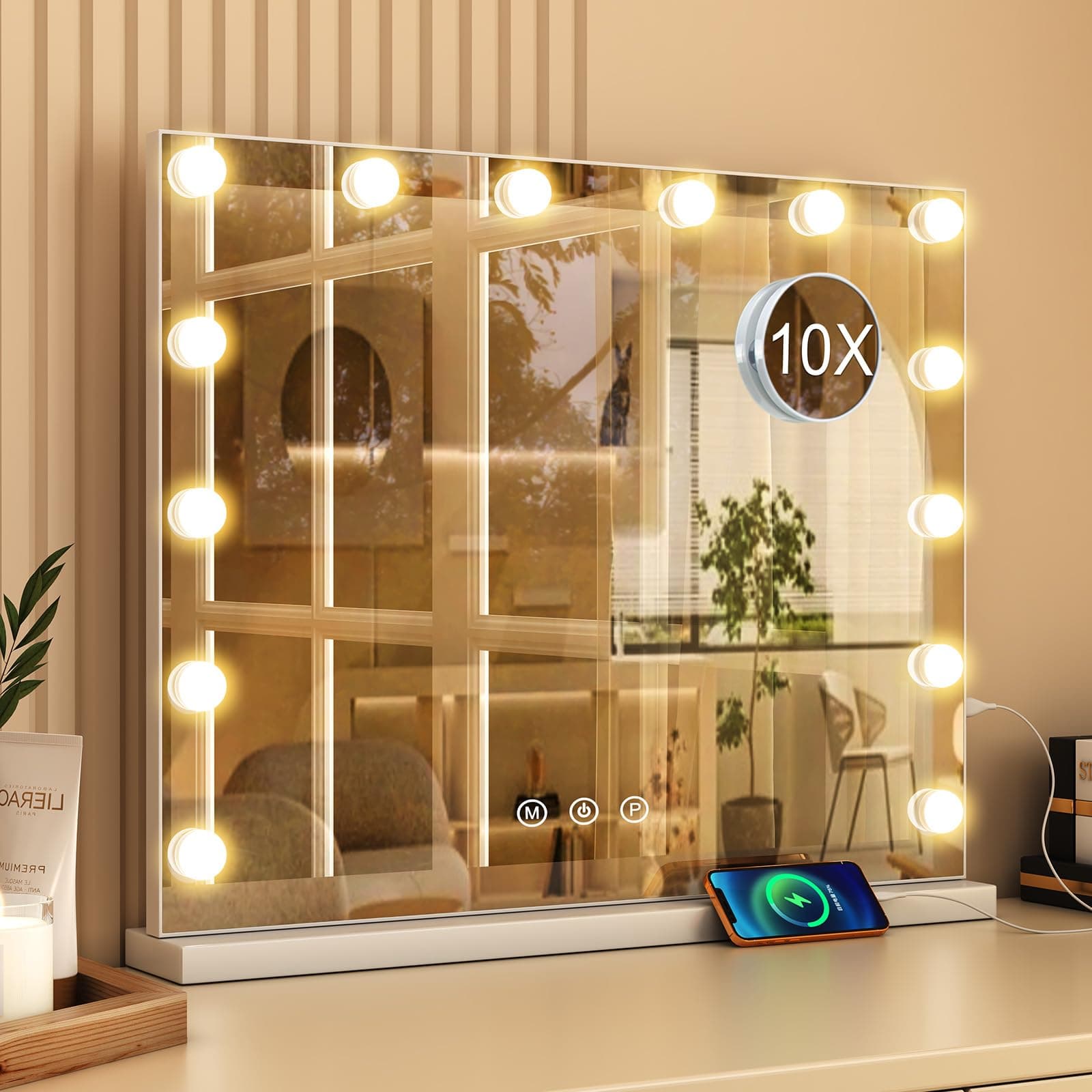 Hollywood Vanity Mirror with Lights 50 x 42 cm, Hollywood Mirror with 3 Color Modes, 14 Dimmable LED, USB & Type-C Ports, Touch Control Makeup Mirror for Bedroom Tabletop or Wall Mounted