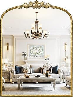 WallBeyond Gold Vintage Mirror for Vanity 24x32 Inch, Gold Antique Mirror with Ornate Frame, Arched Vintage Wall for Bathroom, Living Room, Fireplace, Entryway