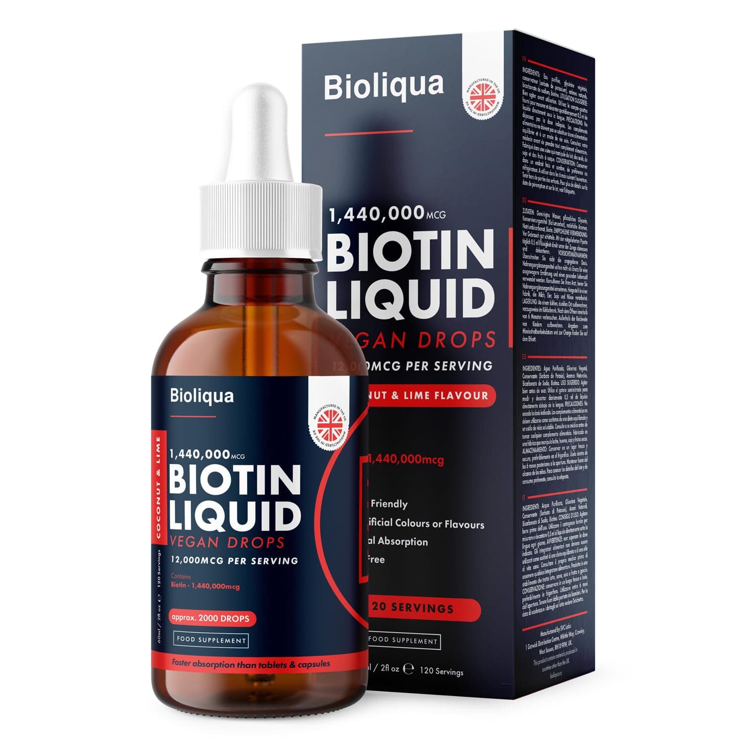 Biotin Liquid Drops - Vegan - High Strength 12,000mcg per Serving - Hair Growth Supplement - 4 Month Supply - 120 Servings - 60ml Dropper Bottle - Vitamin B7 - Fast Absorption - Made in UK by Balance