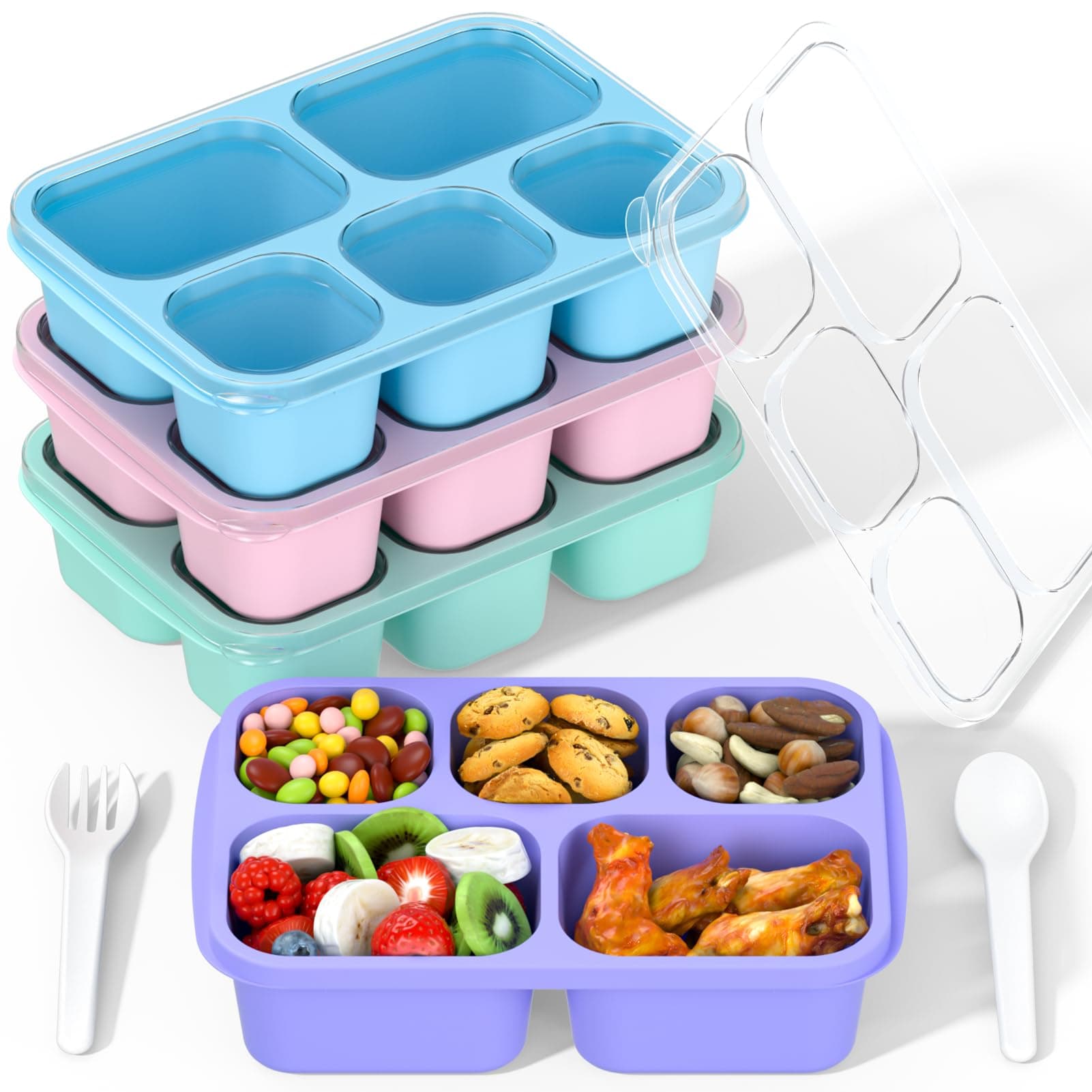 Bento Box Adult Lunch Box - 4 Pack, 5 - Compartment Meal Prep Container for Kids, Reusable Food Storage Snack Containers - Stackable for School, Work, and Travel (PP(Blue/Pink/Green/Purple))