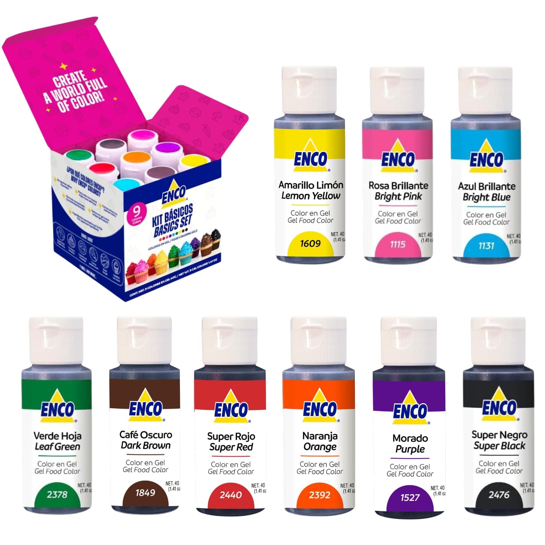 9 Basic Food Coloring Gel Set 1.41 oz each (40 g) Concentrated, Vegan, Includes Color Mixing Guide