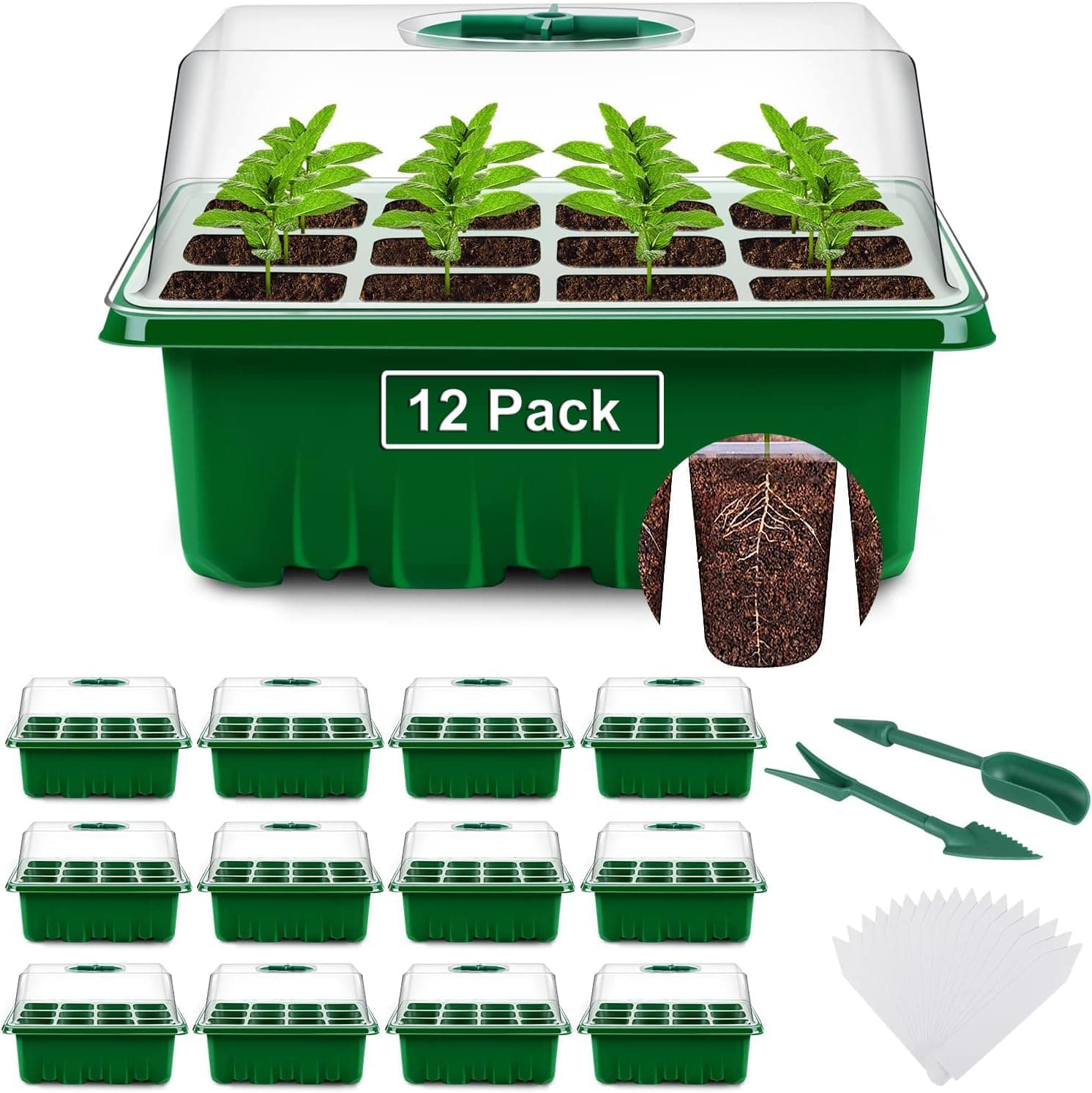 YAUNGEL Seed Starter Tray, 12 Pack 144 Cells Thicken Seed Starter Kit with Humidity Dome/Clear Lids Durable Seeding Starting Trays, Green