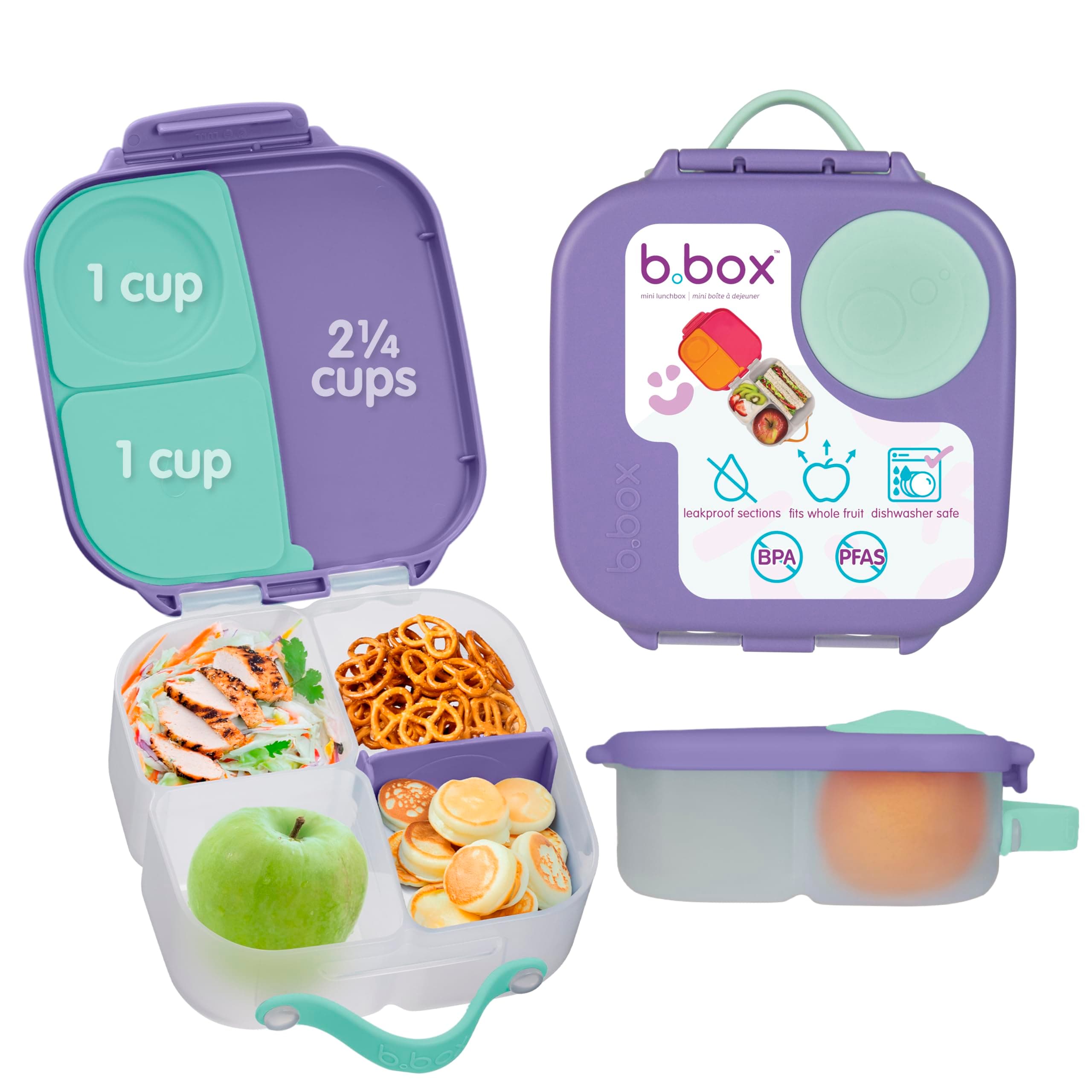 Mini Lunch Box - 4.25 Cup Leak Proof Bento Box for Kids Ages 3+, 3 Compartment Snack Containers, School Lunch Container, Dishwasher Safe, BPA-Free, PFAS-Free - Lilac Pop