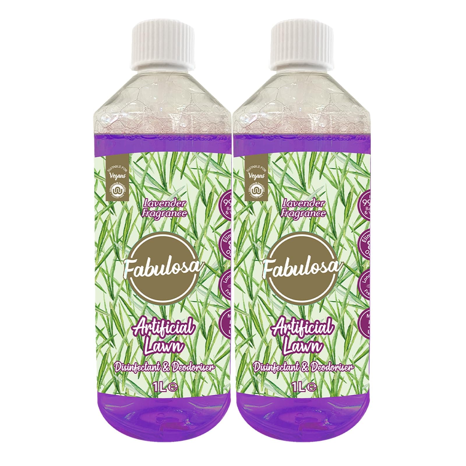 Fabulosa 4 in 1 Disinfectant and Deodoriser, Pet & Dog Friendly Artificial Lawn & Grass Cleaner, Urine Cleaner and Moss Growth Killer, Makes 100L, 1L, 2 Pack, Lavender