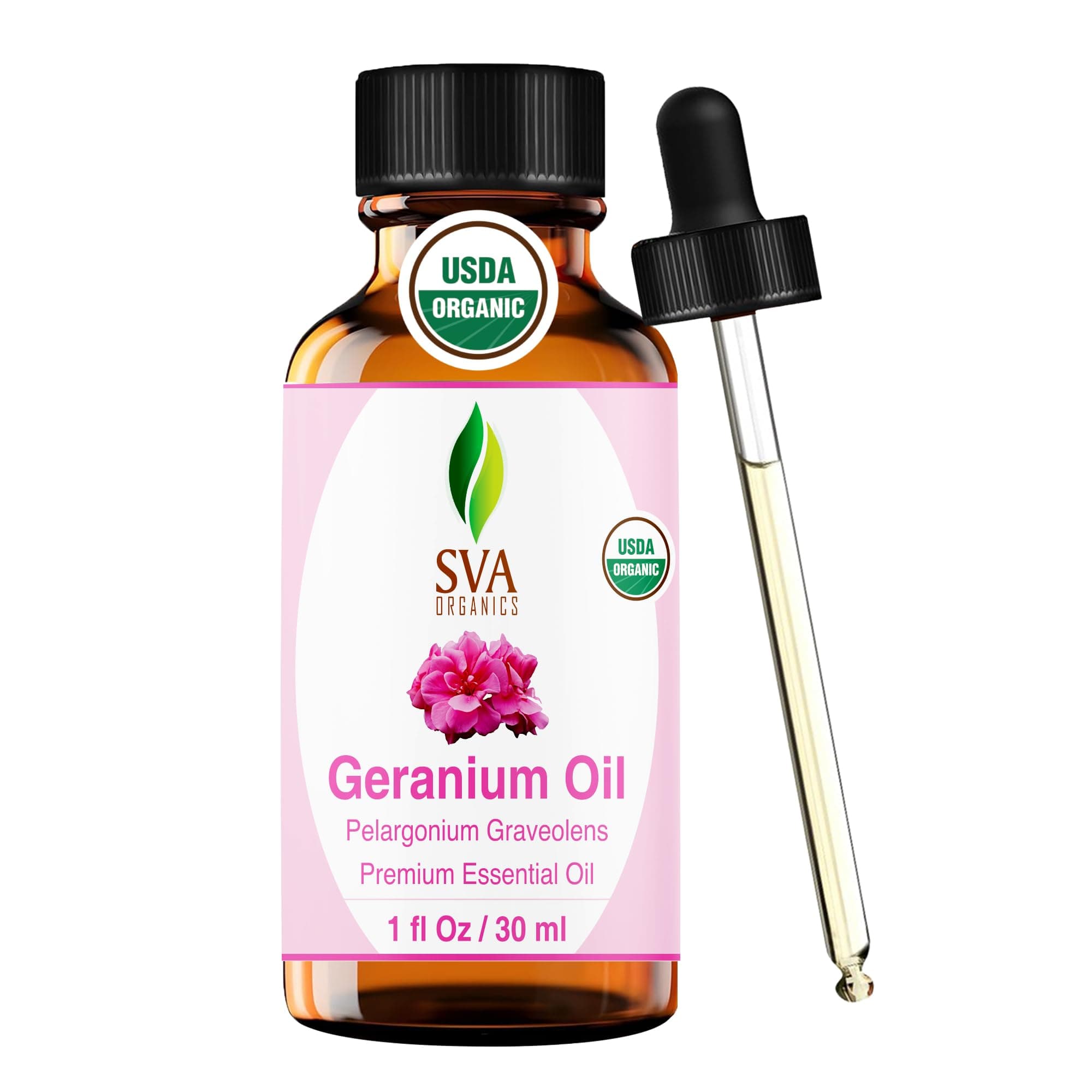 SVA Geranium Essential Oil Organic – 1 Fl Oz – 100% Natural Organic Geranium Oil - for Diffuser, Hair Care, Face, Skin Care, Aromatherapy, Scalp and Body Massage, Soap and Candle making – with Dropper