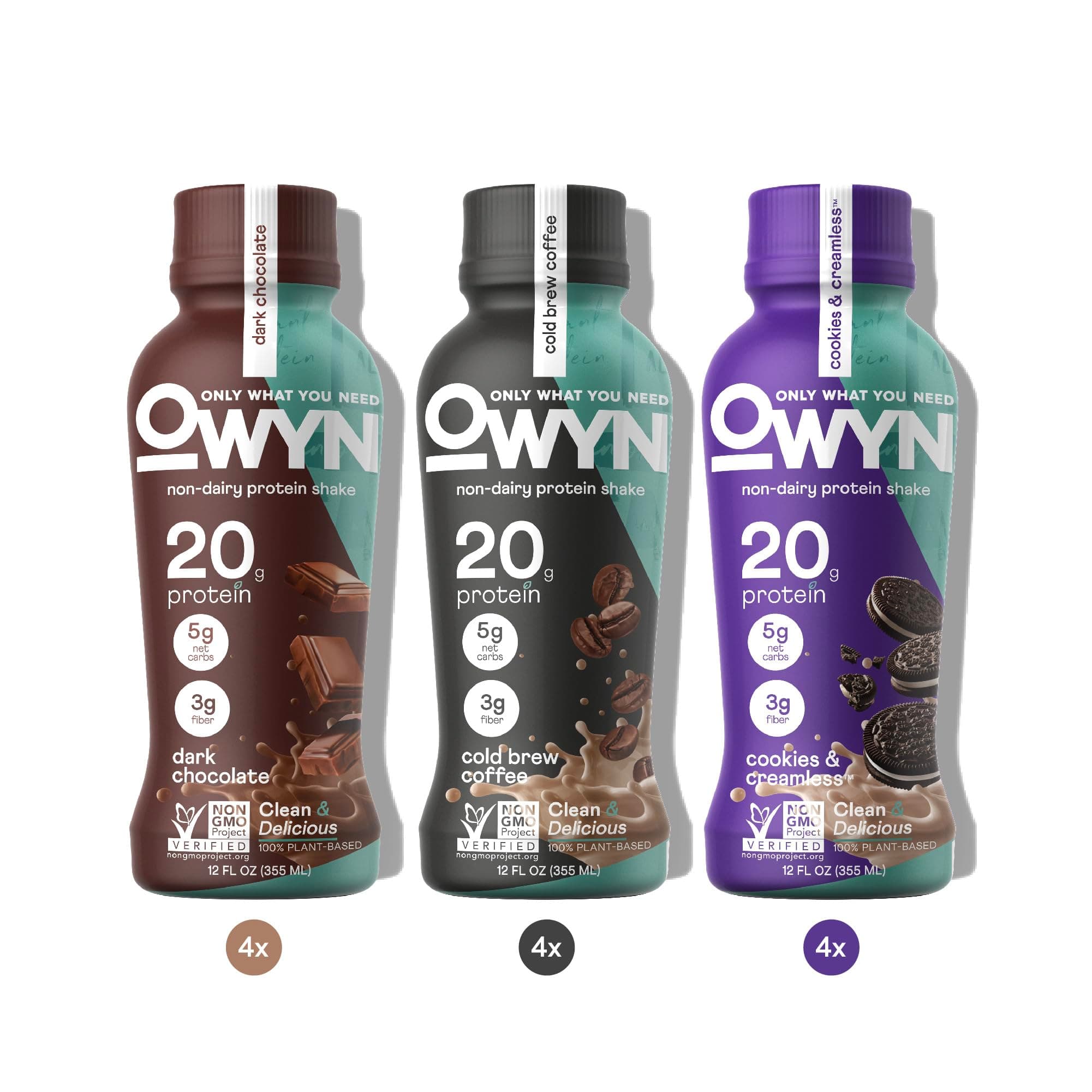 OWYN Only What You Need Protein Shake Variety Pack, Dark Chocolate, Cold Brew Coffee, Cookies and Creamless, 20g Protein, 4g Sugar, 3g Fiber, Dairy Free, Plant Based Protein Drink, 12 CT