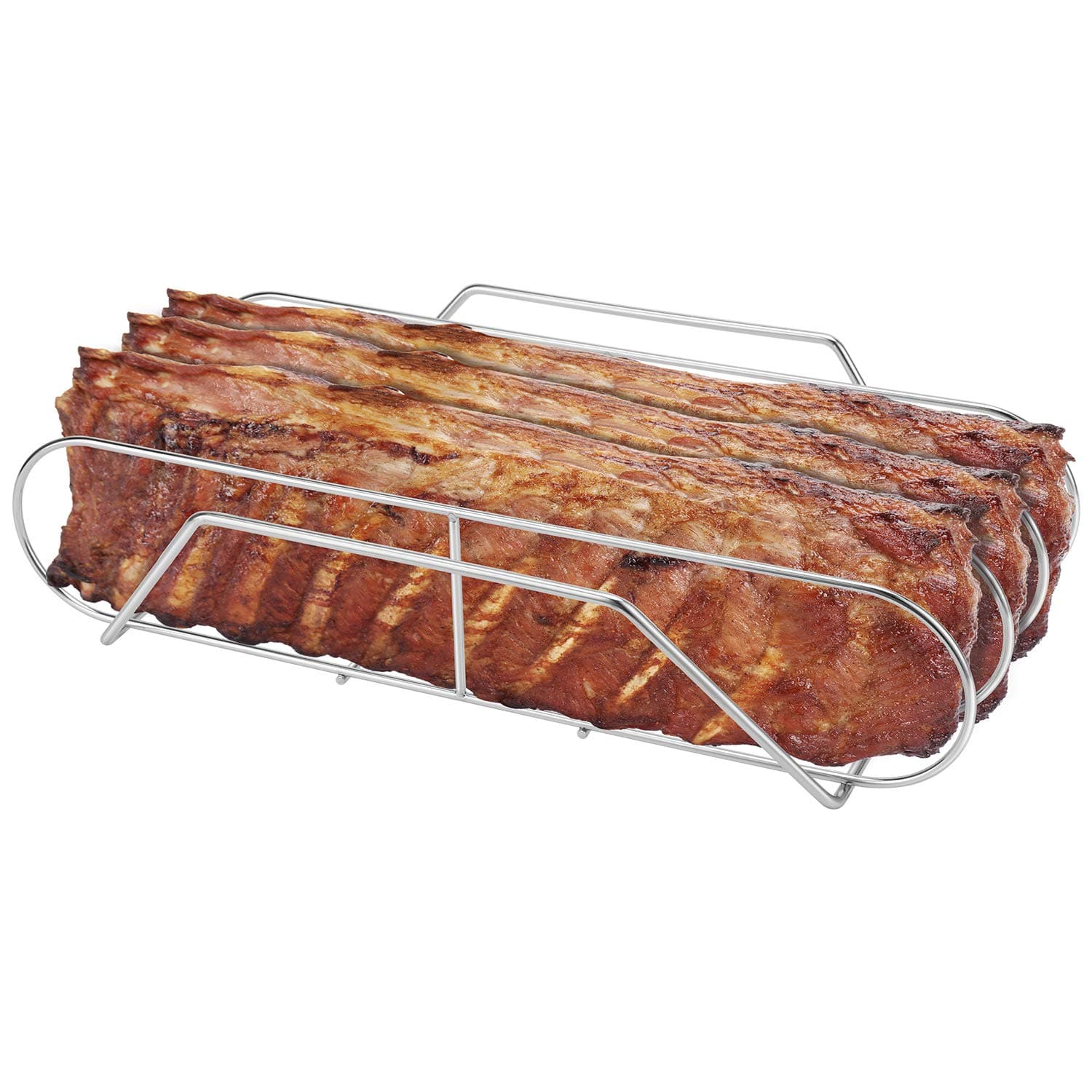 Extra Long Stainless Steel Rib Rack for Smoking and Grilling, Holds up to 3 Full Racks of Ribs, Fits 18” or Larger Gas Smoker or Charcoal Grill, Perfect Smoker Accessories Gifts for Men